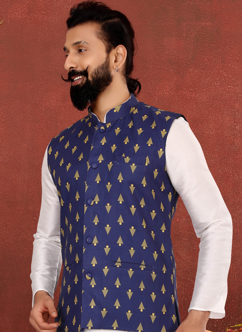 Buy Cotton Print Dark Blue Festival Wear Embroidery Work Readymade