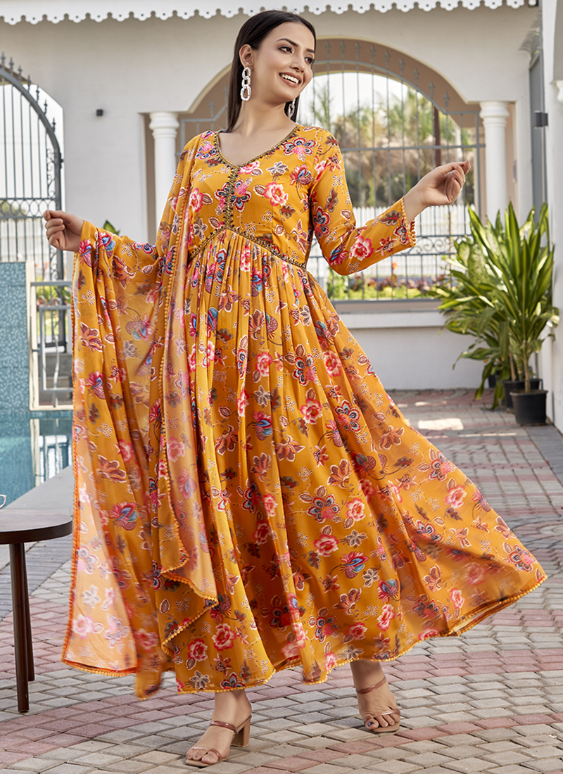 Buy Georgette Mustard Yellow Festival Wear Flower Printed