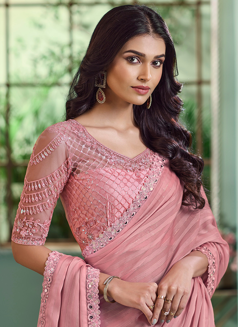 Georgette Baby Pink Party Wear Embroidery Work Saree