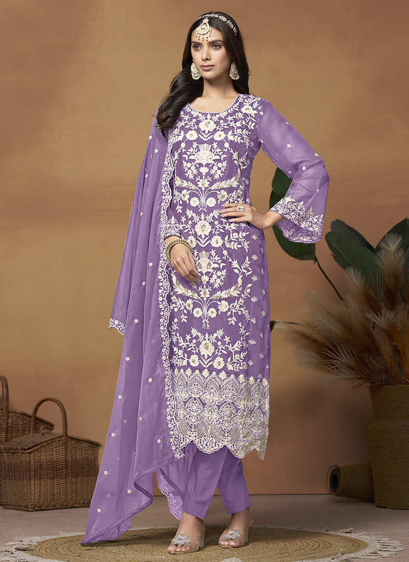 Soft Organza Purple Festival Wear Embroidery Work Designer Salwar Suit