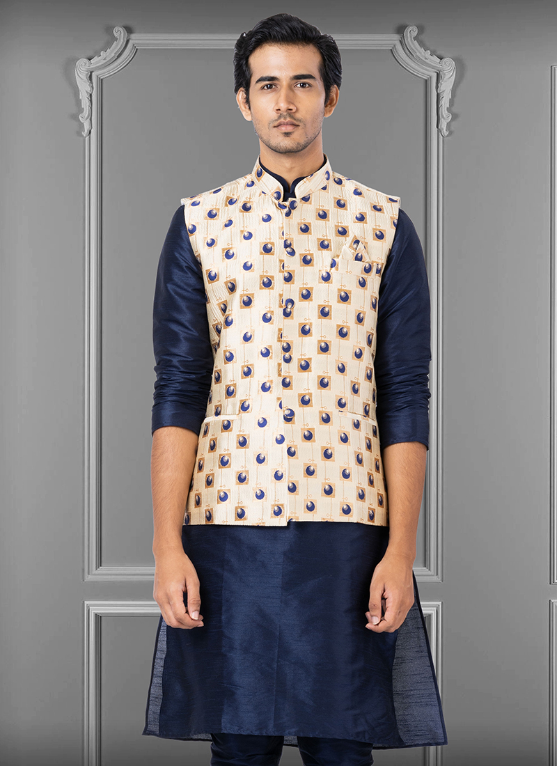 Buy Jacquard Silk Cream Festival Wear Embroidery Work Readymade