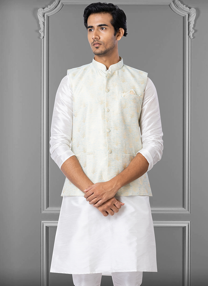 Buy Linen Silk White Festival Wear Embroidery Work Readymade Men's