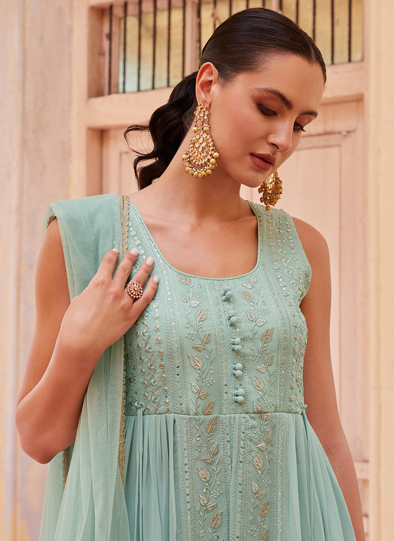 Buy Georgette Blue Western Wear Embroidery Work Readymade Indo