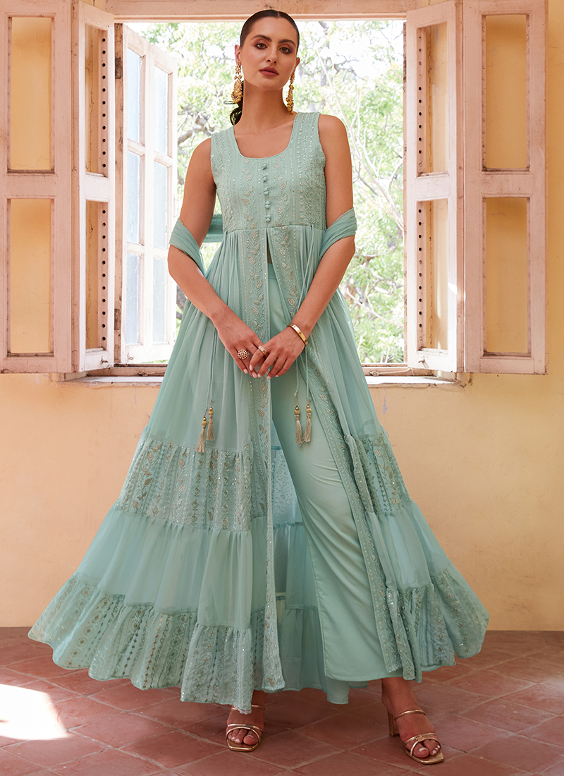 Buy Georgette Blue Western Wear Embroidery Work Readymade Indo