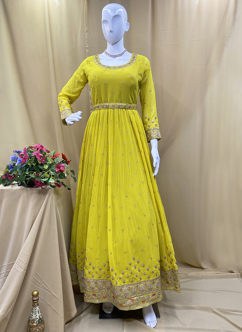 Georgette Yellow Wedding Wear Stone Work Readymade Anarkali Suit