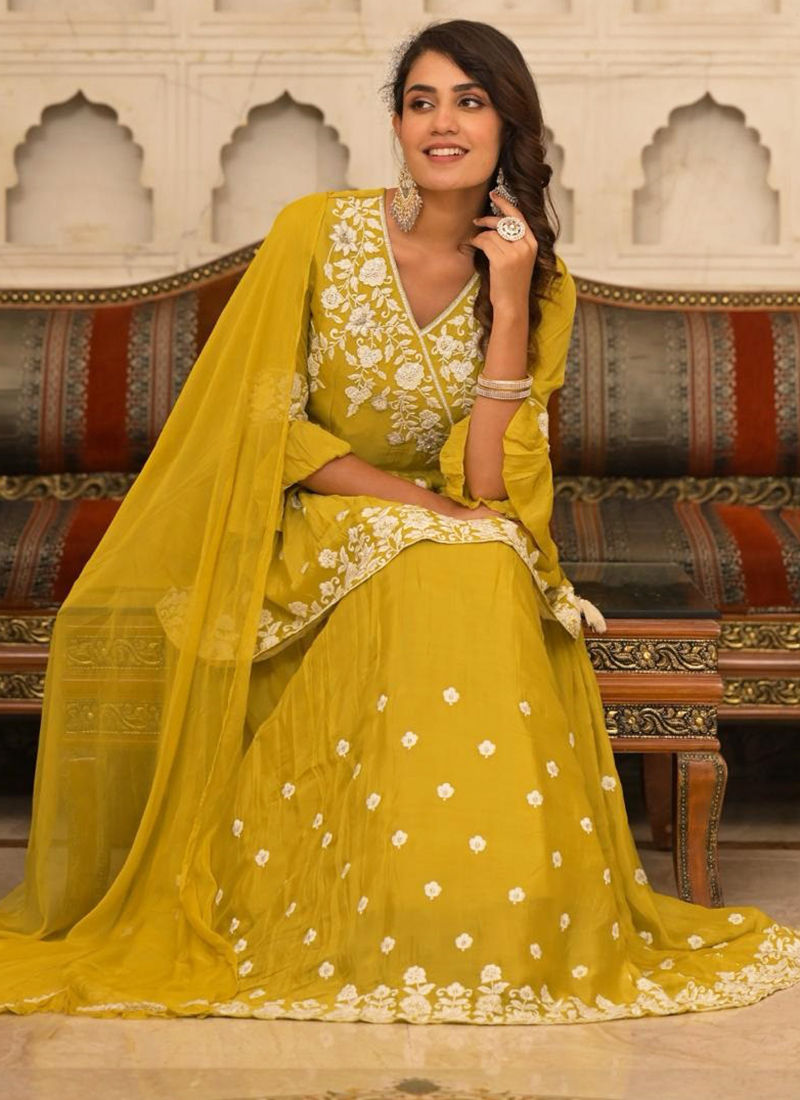 Women's Embroidered Designer Salwar Suit - Ready To Wear Sharara Style, Mustard Color, Size 42 - EB-1023 - View #13