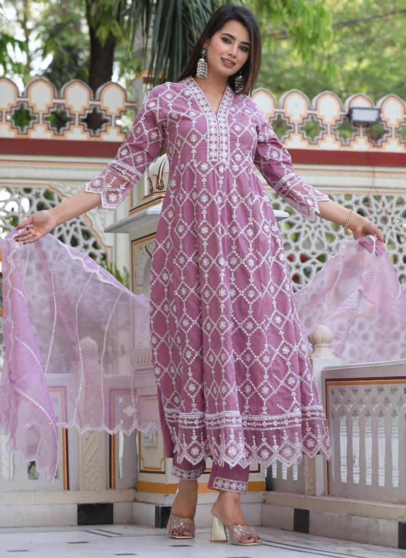 Buy Cotton Lilac Party Wear Thread Work Readymade Salwar Suit