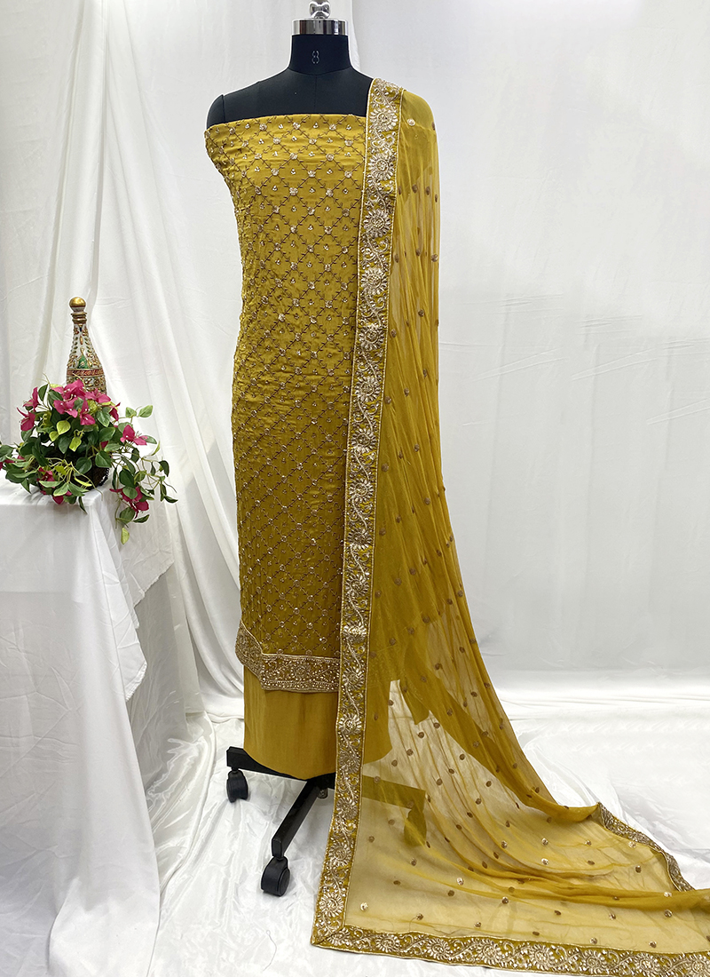 Buy Dola Silk Yellow Wedding Wear Hand Work Salwar Suit Online