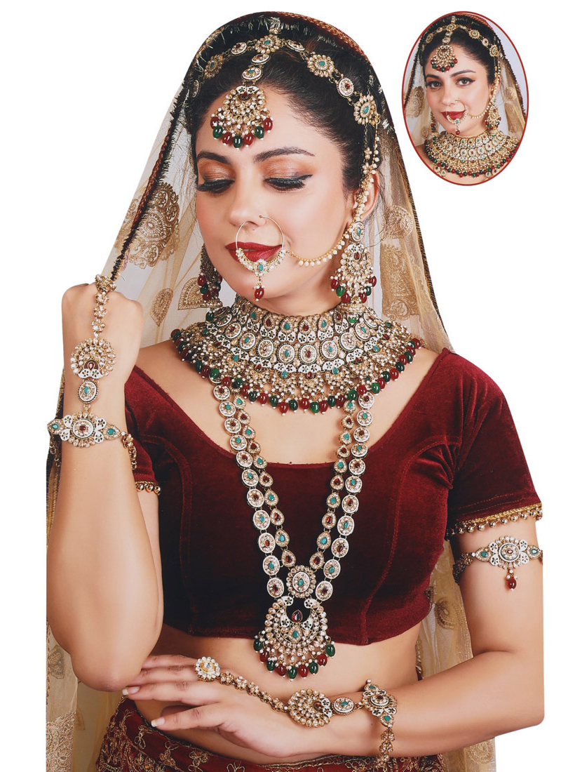 Buy Bridal Wear Maroon Green Color Kundan Dulhan Set Online From