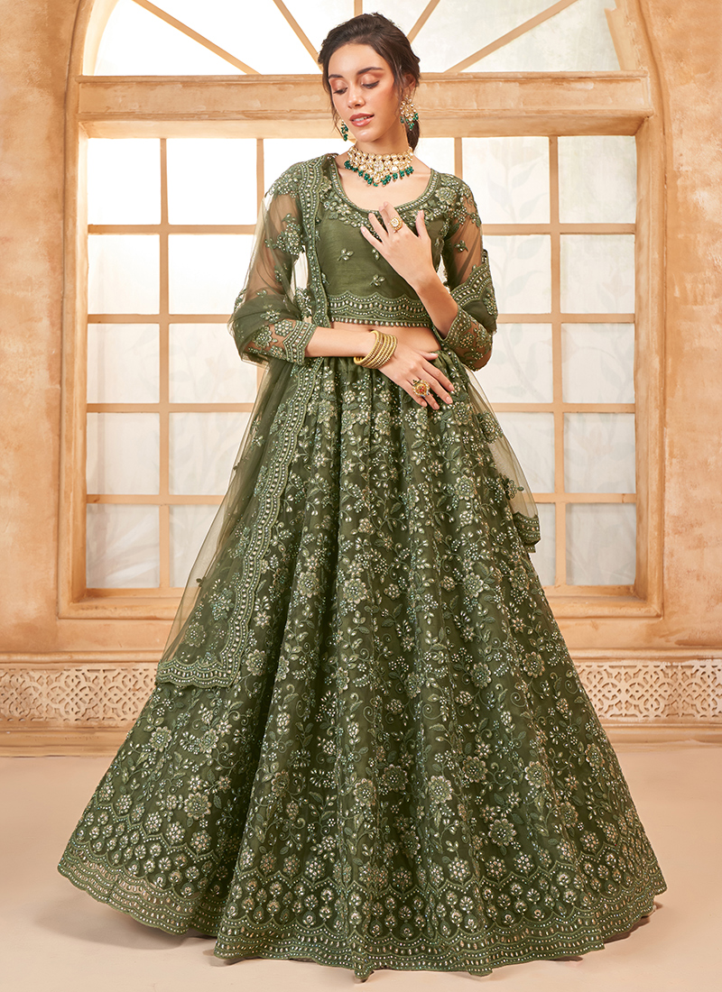 Net Mehendi Party Wear Thread Work Lehenga Choli