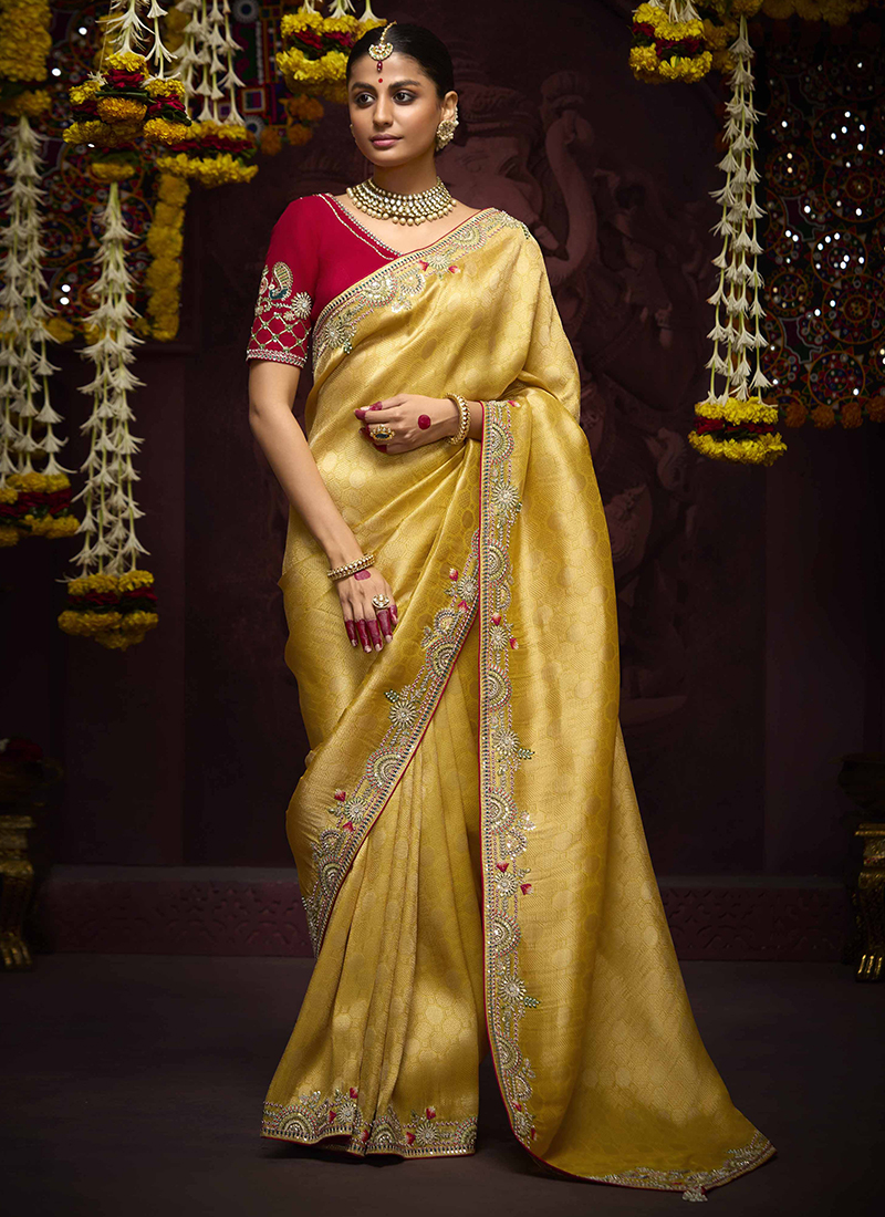 Banarasi Kanjivaram Yellow Wedding Wear Embroidery Work Saree