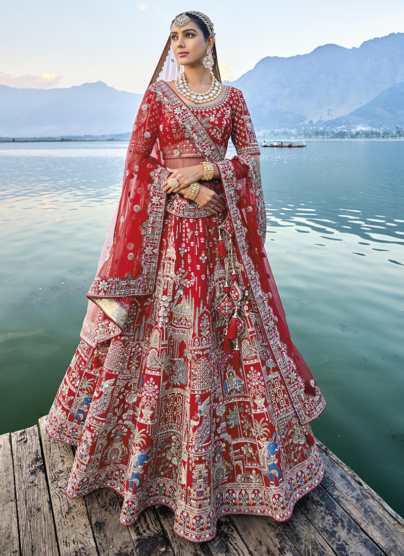 Buy Bridal Silk Bright Red Bridal Wear Heavy Embroidery Work - Technical View