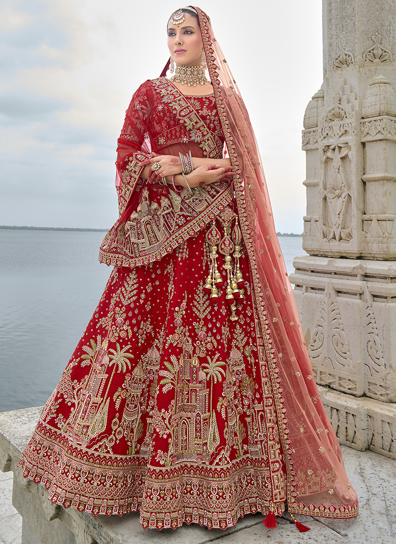 Buy Bridal Silk Bright Red Bridal Wear Heavy Embroidery Work