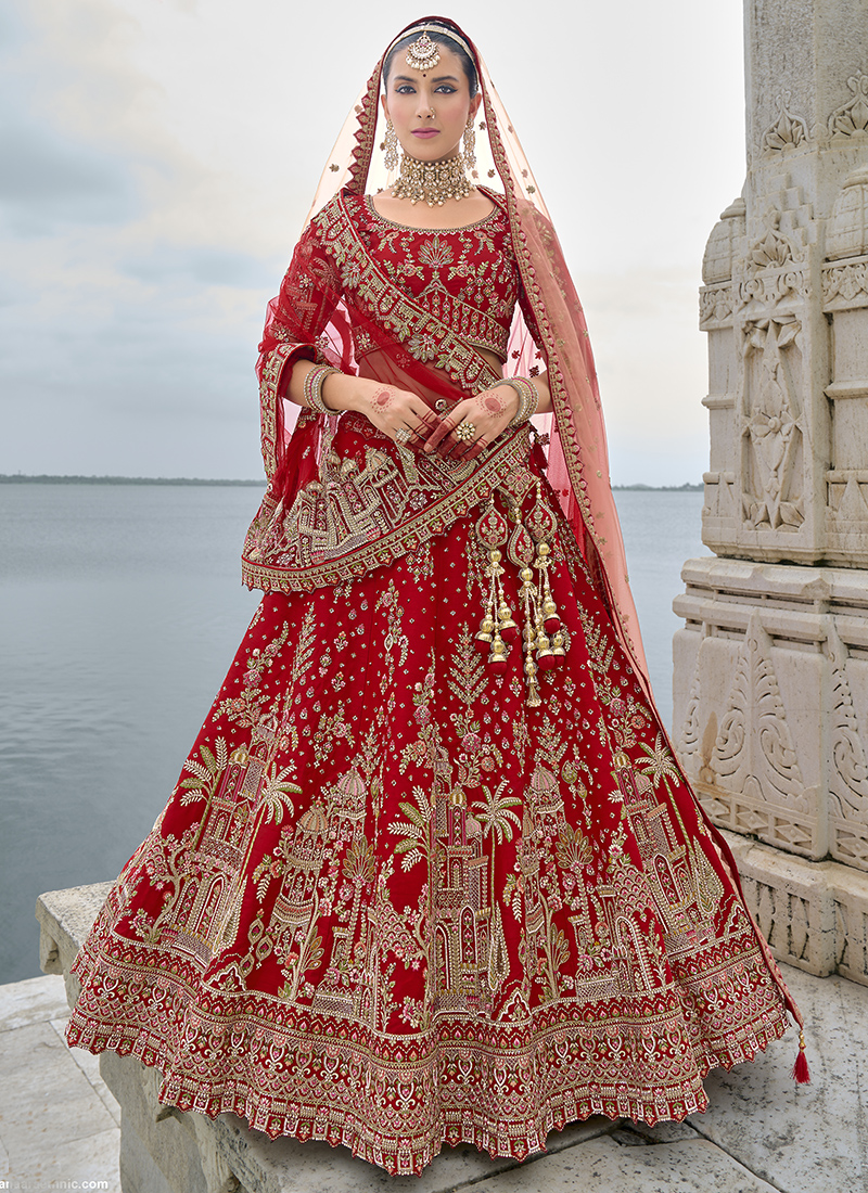 Buy Bridal Silk Bright Red Bridal Wear Heavy Embroidery Work