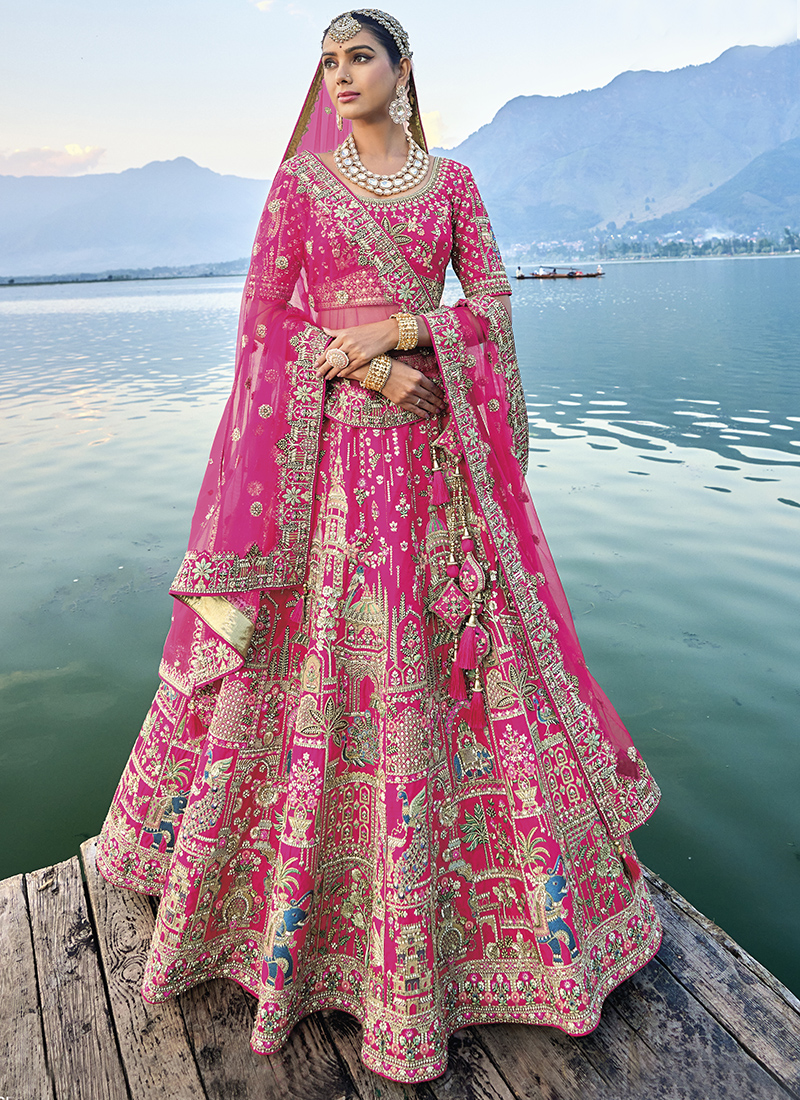 Pink Lehenga Choli For Brides Hot Pink Silk Heavy Embroidered