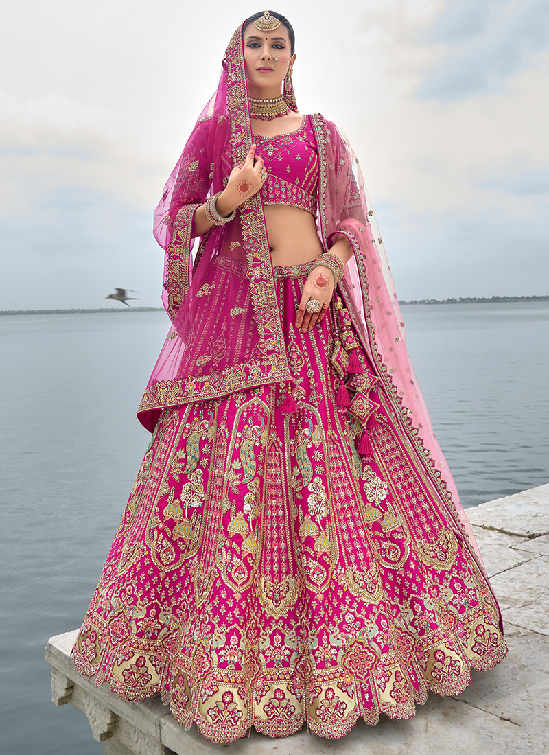 Buy Bridal Silk Hot Pink Bridal Wear Heavy Embroidery Work Lehenga