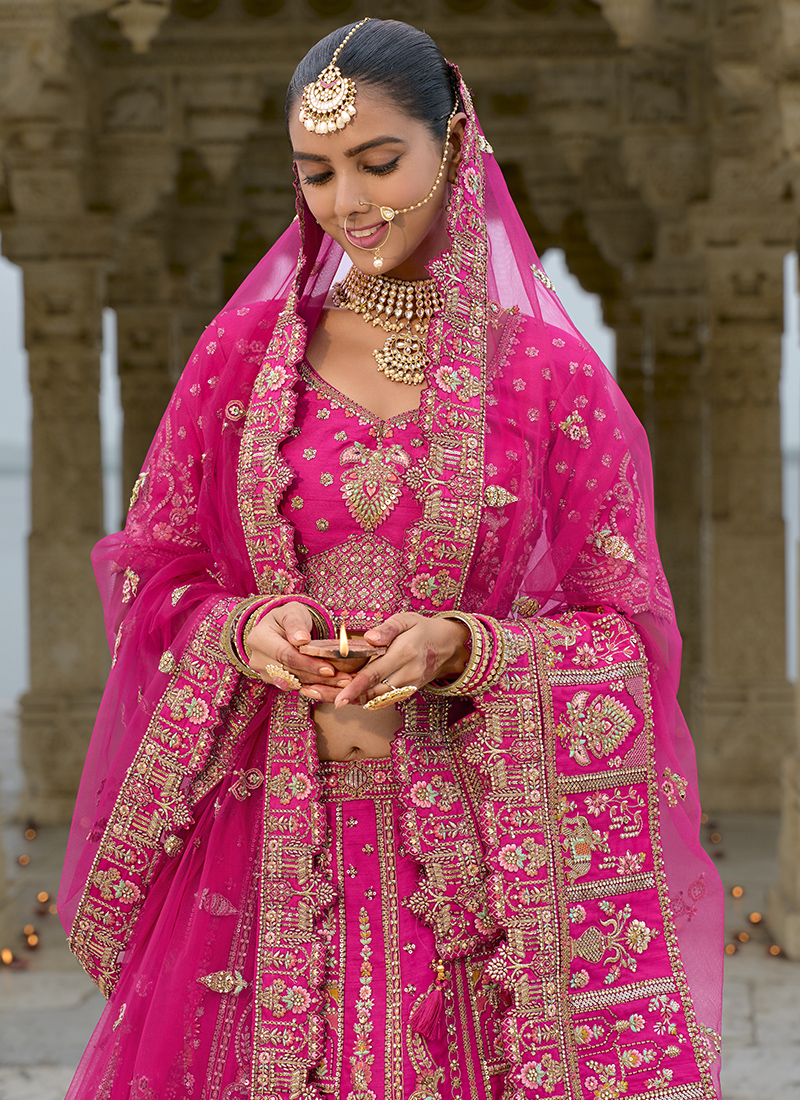 Buy Bridal Silk Hot Pink Bridal Wear Heavy Embroidery Work Lehenga