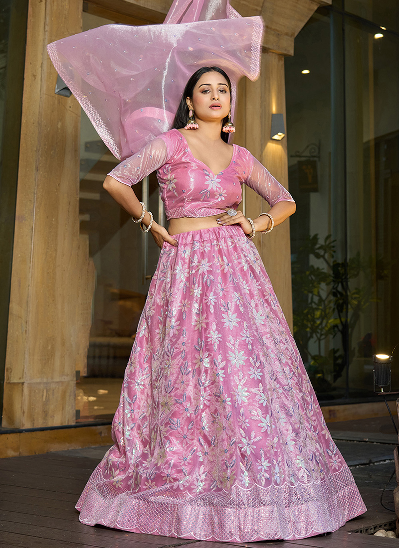 Buy Silk Net Pink Party Wear Embroidery Work Lehenga Choli Online From ...