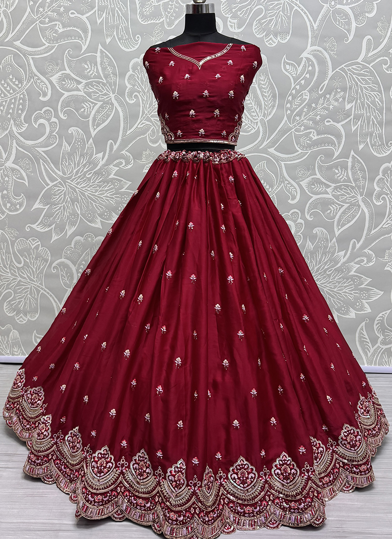 Buy Silk Dark Rani Wedding Wear Embroidery Work Lehenga Choli Online ...