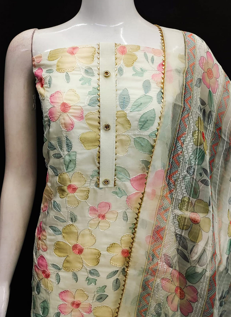 Buy Organza Silk Off White Casual Wear Printed Dress Material