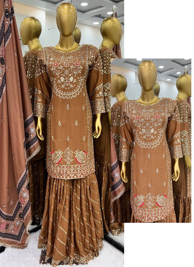 Designer Chinon Sharara Suit with Cording‑Sequin Embroidery | Party‑Wear Ensemble Drape Dress main image 1