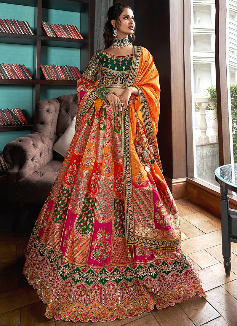 Buy Banarasi Silk Multi Colour Bridal Wear Embroidery Work Lehenga
