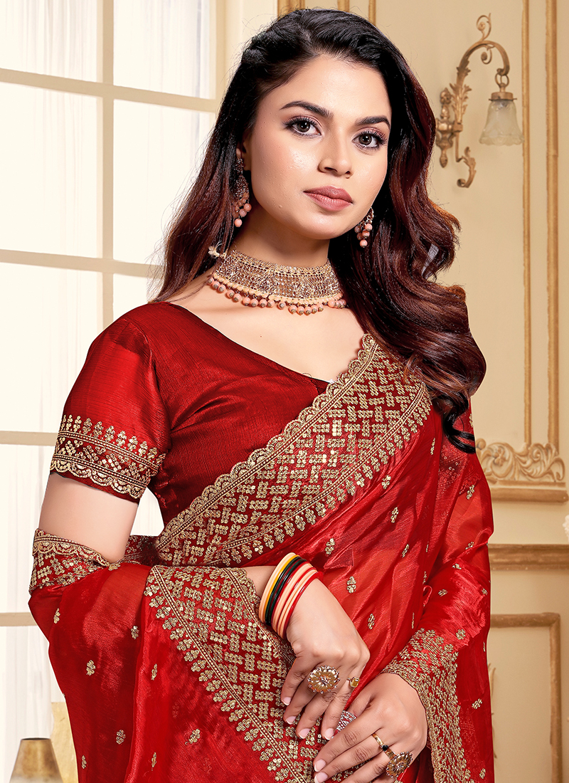 Jimmy Choo Red Party Wear Embroidery Work Saree