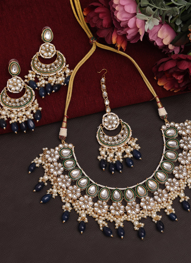 Buy Wedding Wear Navy Blue Color Meena Work Kundan Necklace Set
