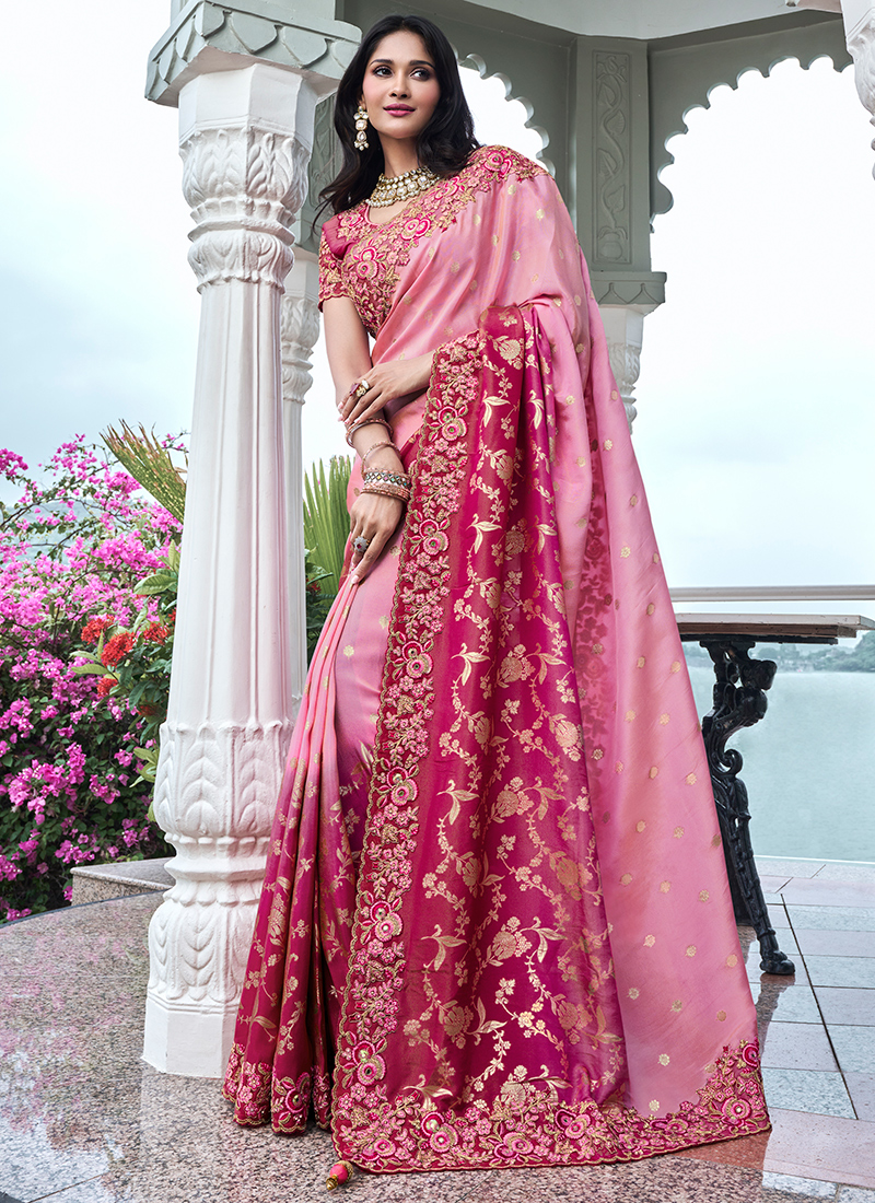 Pure Tissue Silk Pink Wedding Wear Embroidery Work Saree