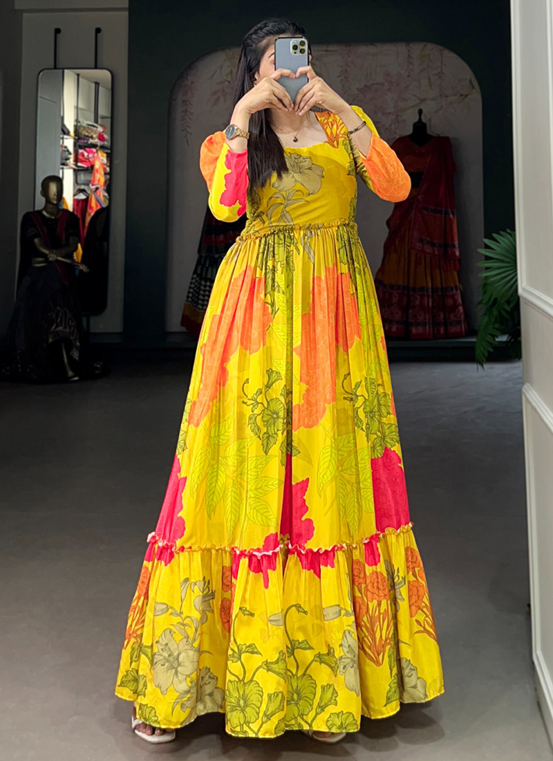 Buy Georgette Yellow Traditional Wear Printed Readymade Dress