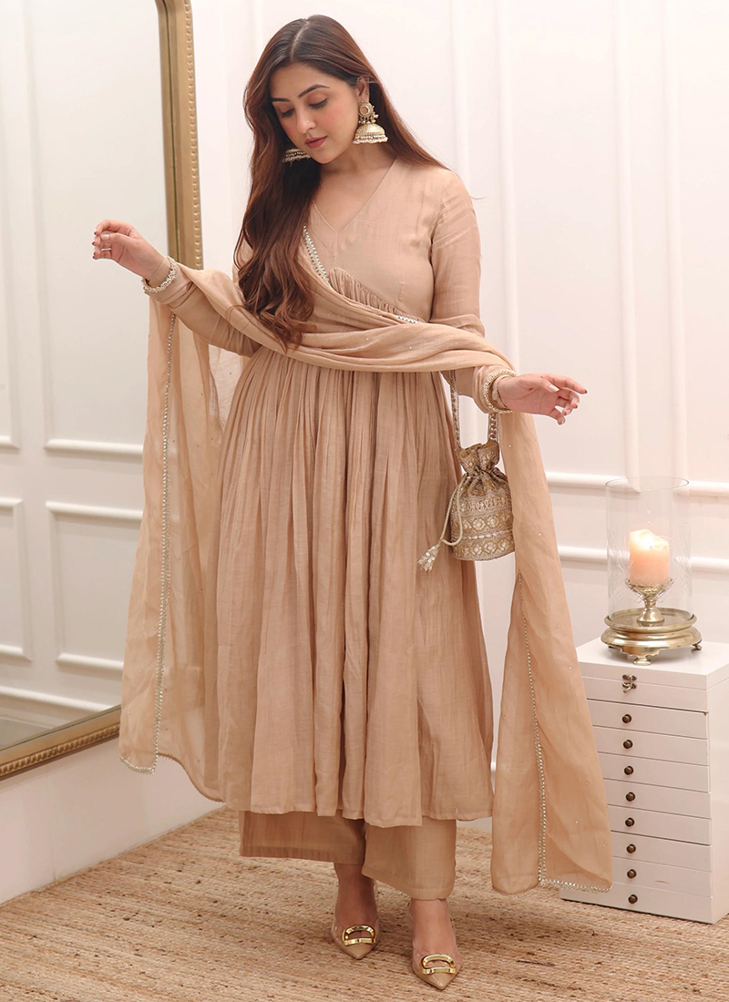 Dupatta Beige Designer Anarkali Suit Chinnon Silk Beige