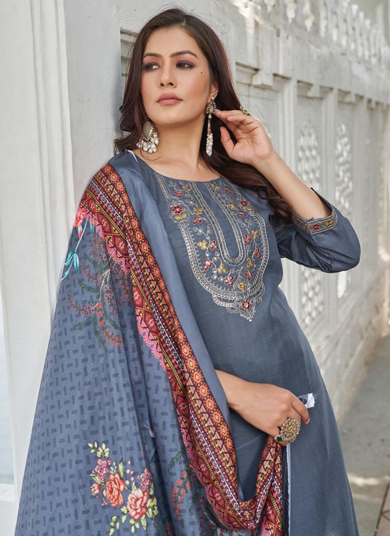 Buy Cotton Grey Traditional Wear Printed Readymade Kurti Set