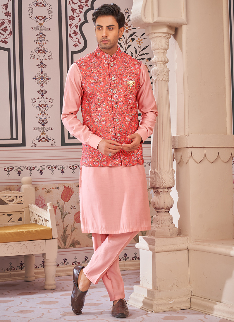 Art Silk Orange Wedding Wear Printed Readymade Kurta Pajama With Jacket