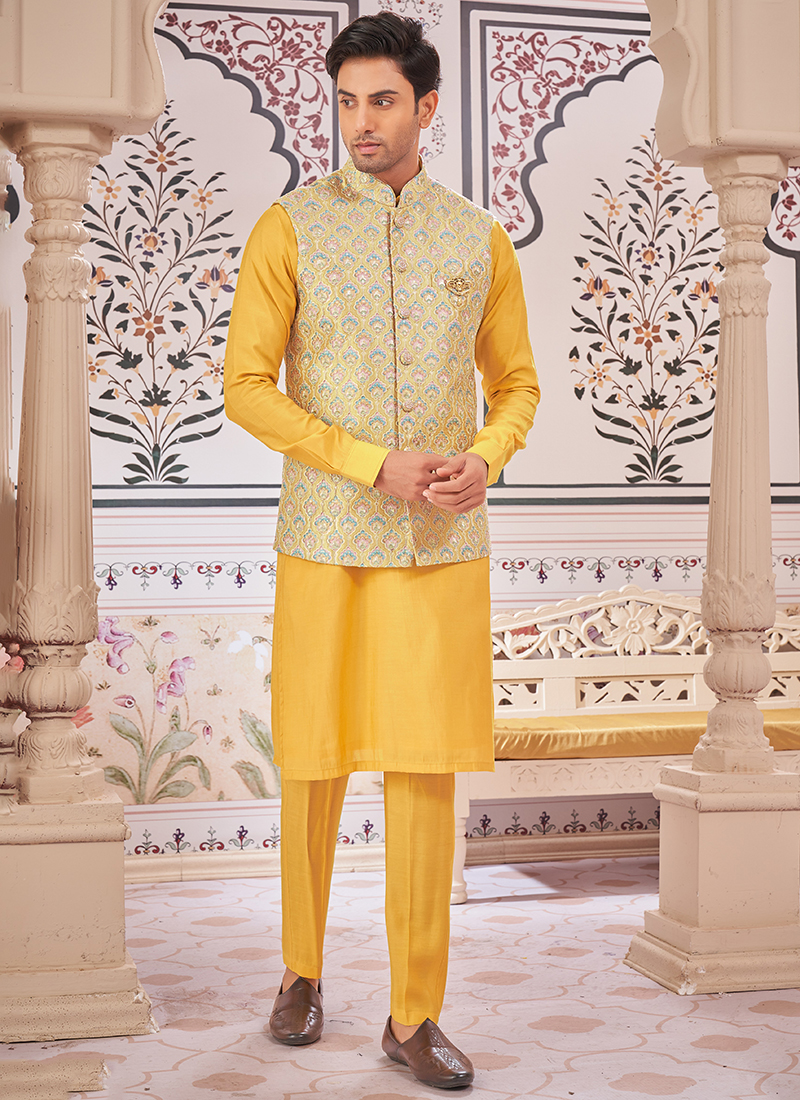 Readymade Kurta Kurta Pyjama For Marriage Buy Art Silk Yellow