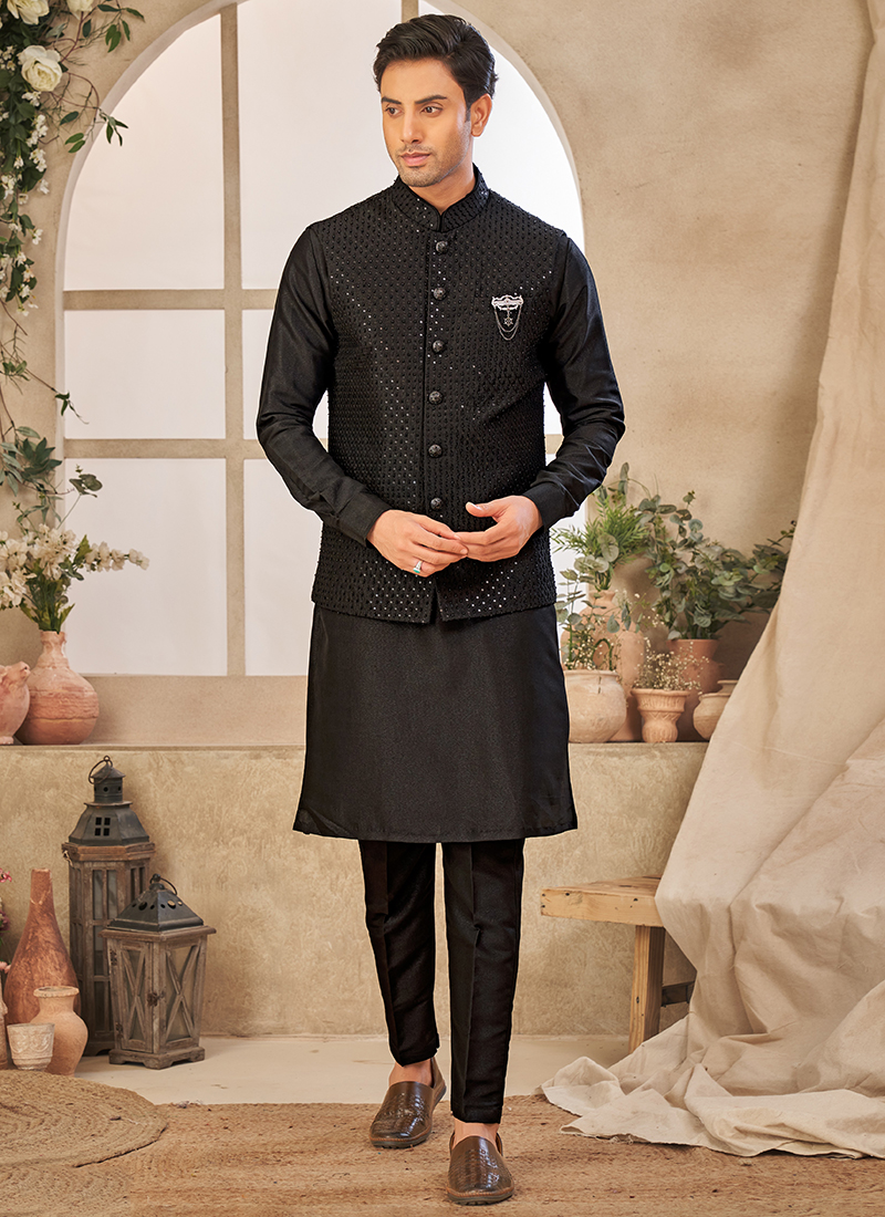 Buy Art Silk Black Wedding Wear Embroidery Work Readymade Kurta - Main Image