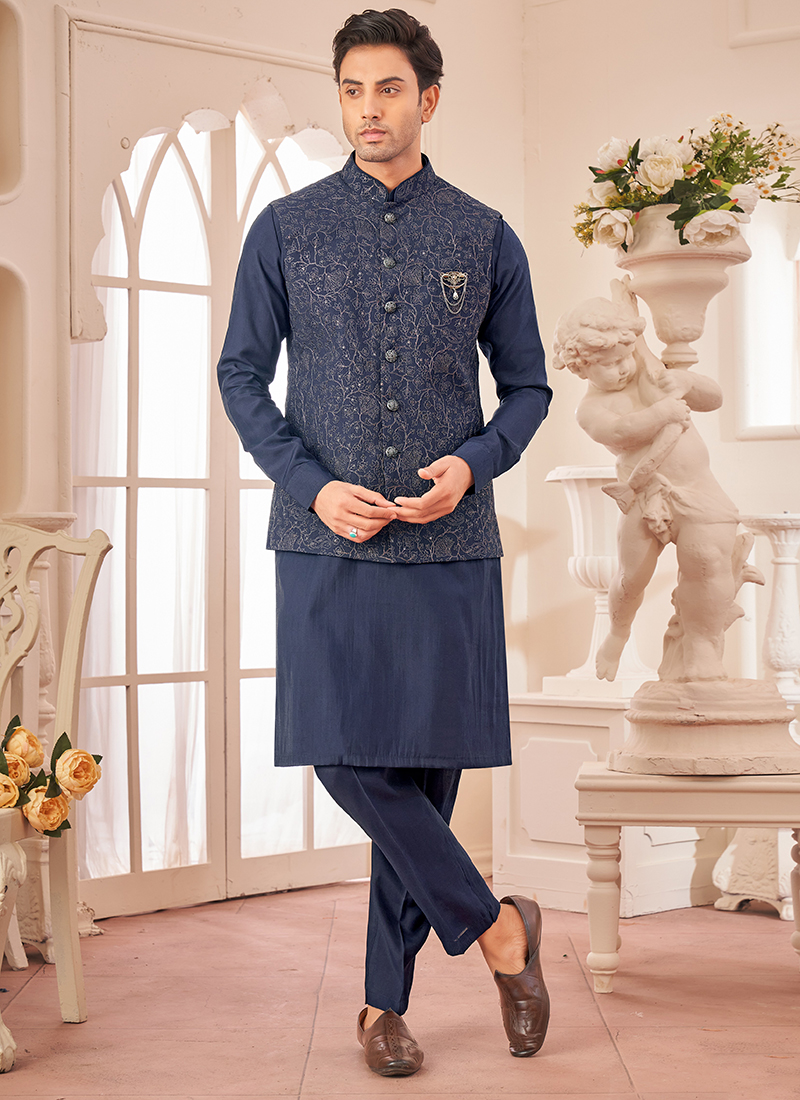 Buy Art Silk Navy Blue Wedding Wear Embroidery Work Readymade