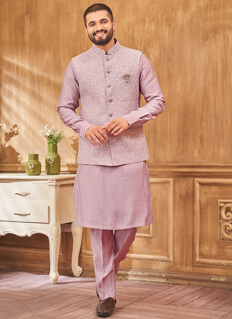 Buy Art Silk Onion Pink Wedding Wear Embroidery Work Readymade