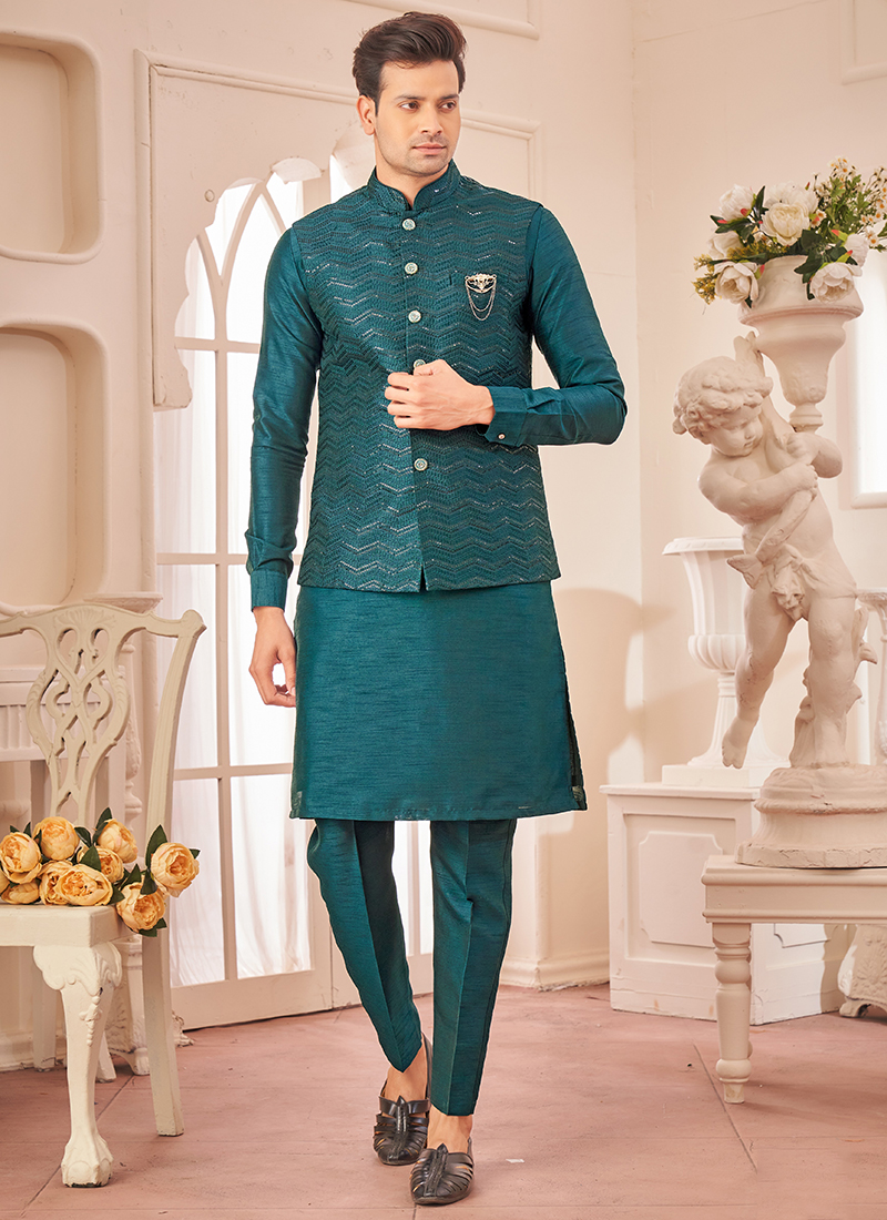 Buy Art Silk Teal Green Wedding Wear Embroidery Work Readymade