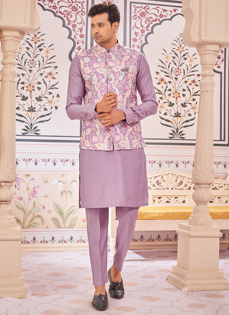Buy Art Silk Lavender Wedding Wear Printed Readymade Kurta Pajama
