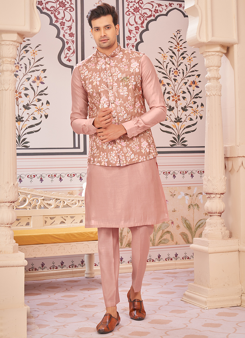 Buy Art Silk Peach Wedding Wear Printed Readymade Kurta Pajama - Main Image