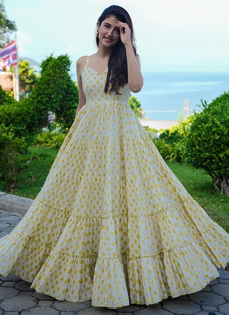 Buy Rayon Light Yellow Casual Wear Printed Readymade Gown Online
