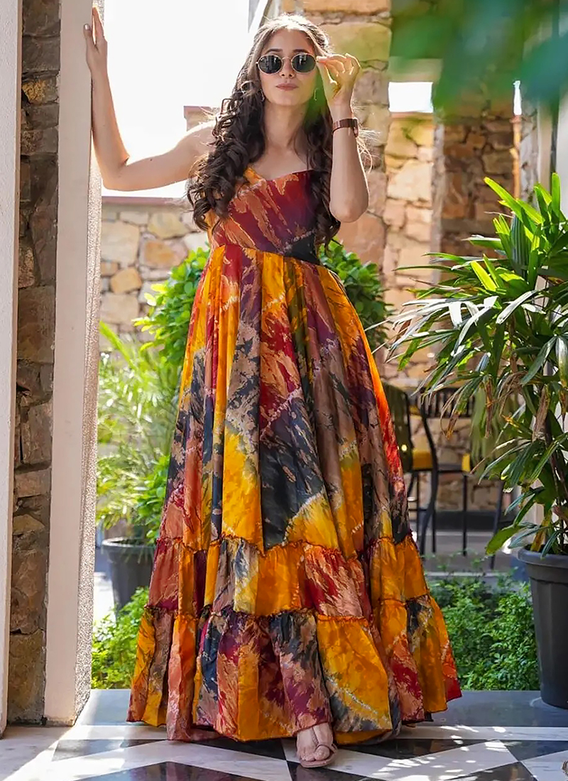 Buy Rayon Multi Colour Casual Wear Printed Readymade Gown Online