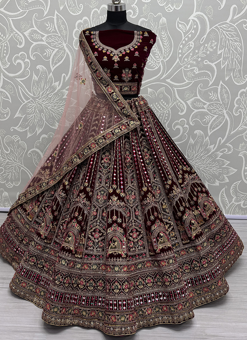 Buy Velvet Purple Bridal Wear Embroidery Work Lehenga Choli Online