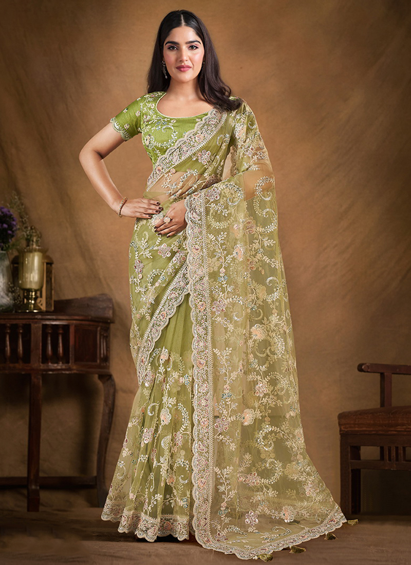 Net Green Wedding Wear Stone Work Saree