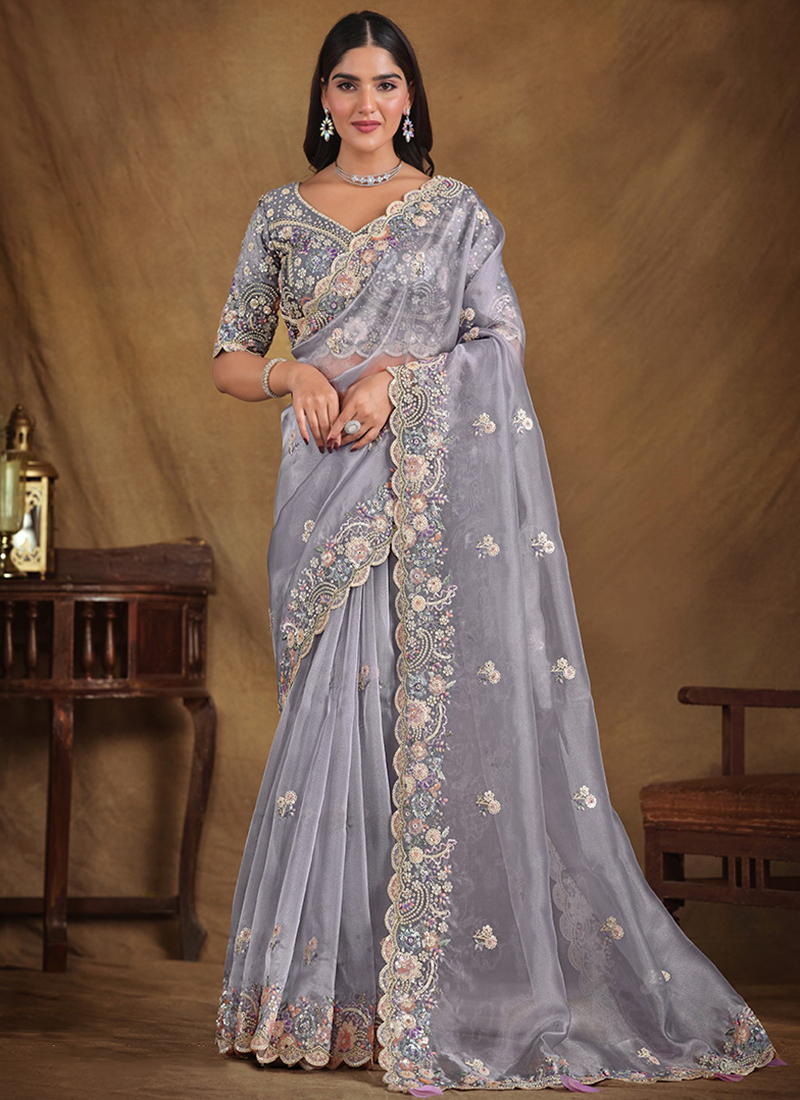 Pure Organza Silk Grey Wedding Wear Stone Work Saree