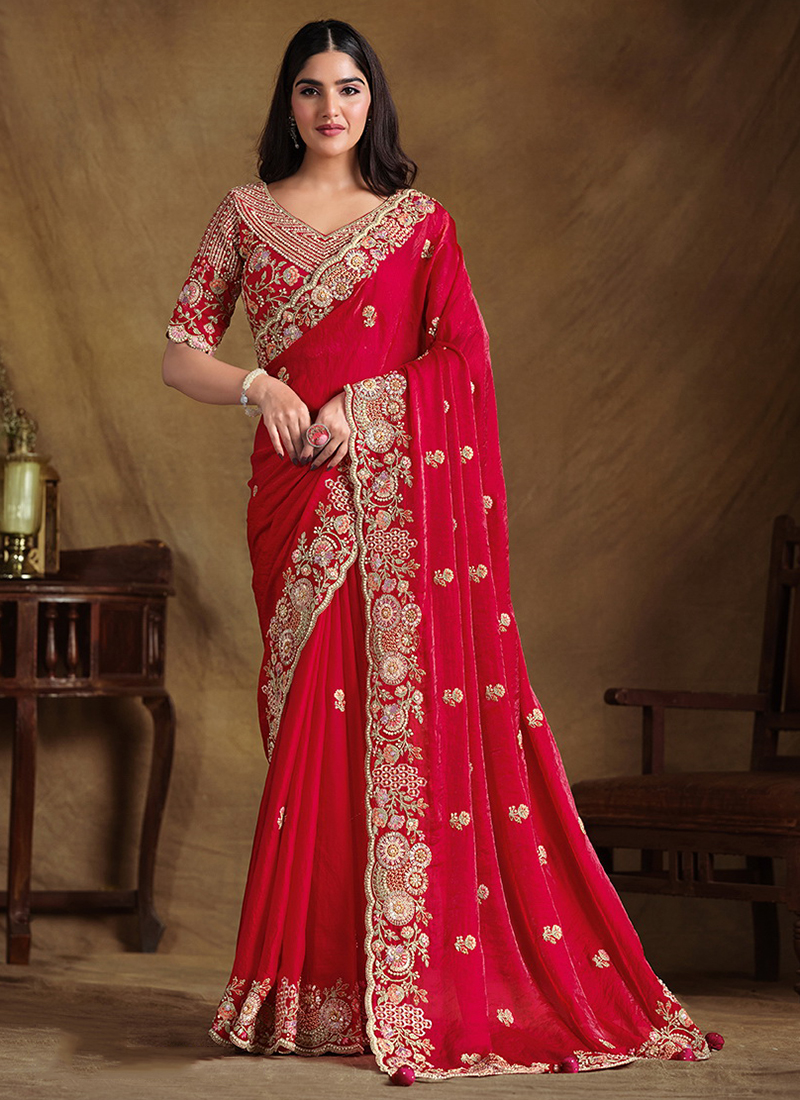 Two Tone Sattin Silk Red Wedding Wear Stone Work Saree