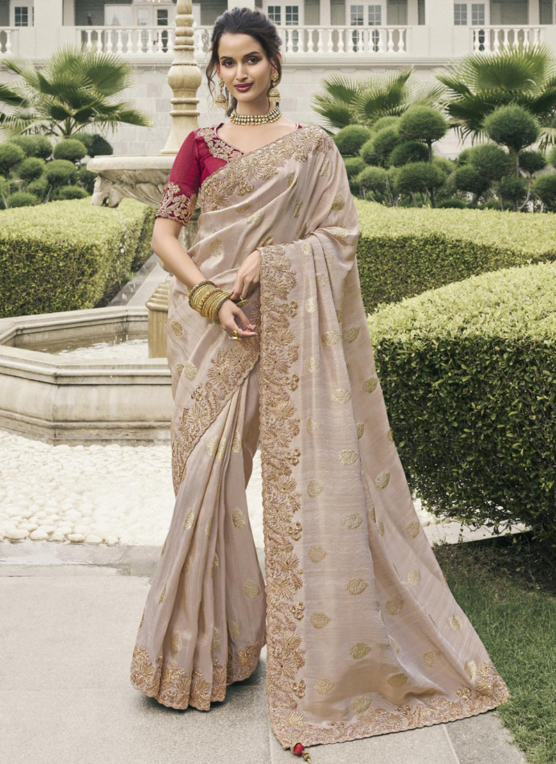 Buy Pure Tissue Silk Cream Wedding Wear Embroidery Work Saree