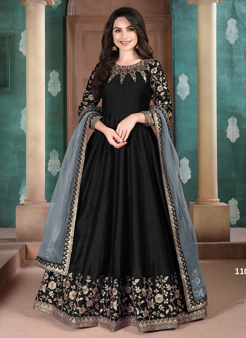 Buy Adda Silk Black Party Wear Embroidery Work Anarkali Suit