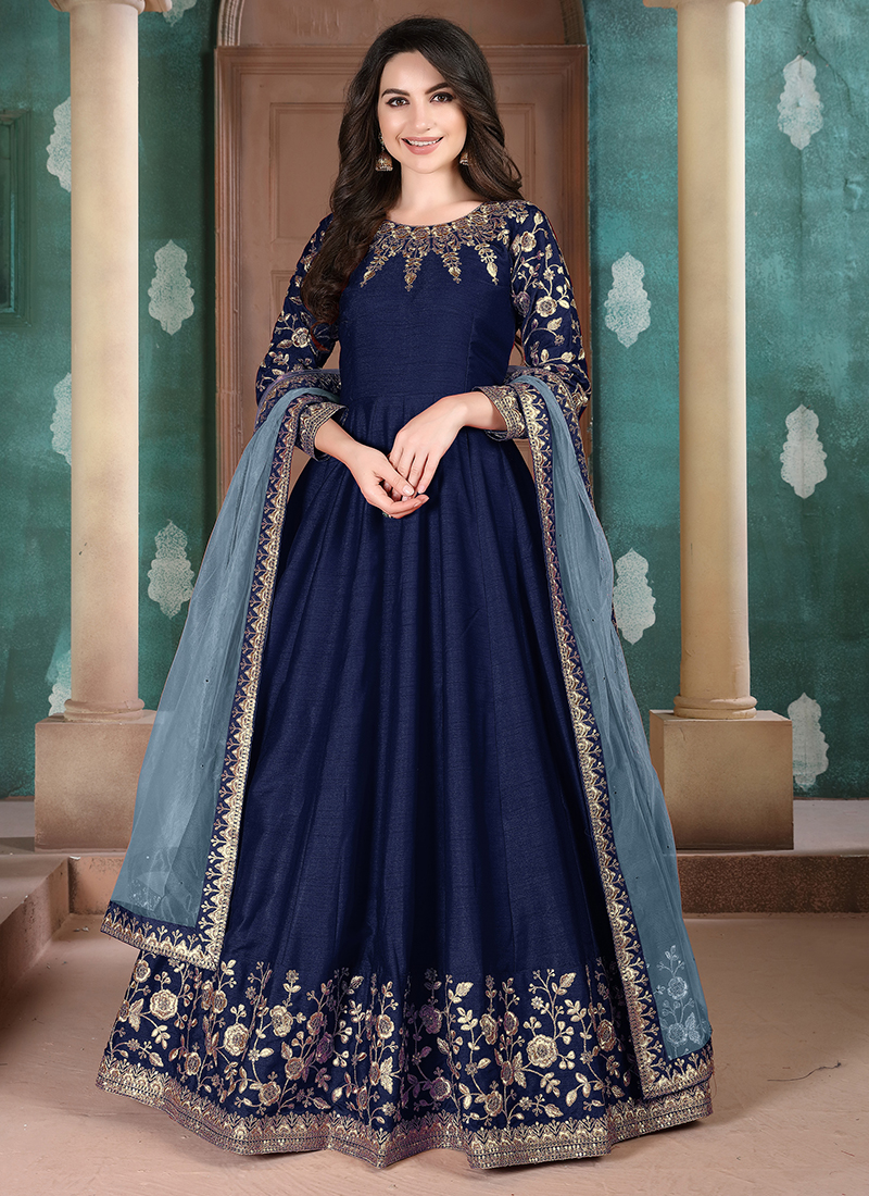 Buy Adda Silk Blue Party Wear Embroidery Work Anarkali Suit Online