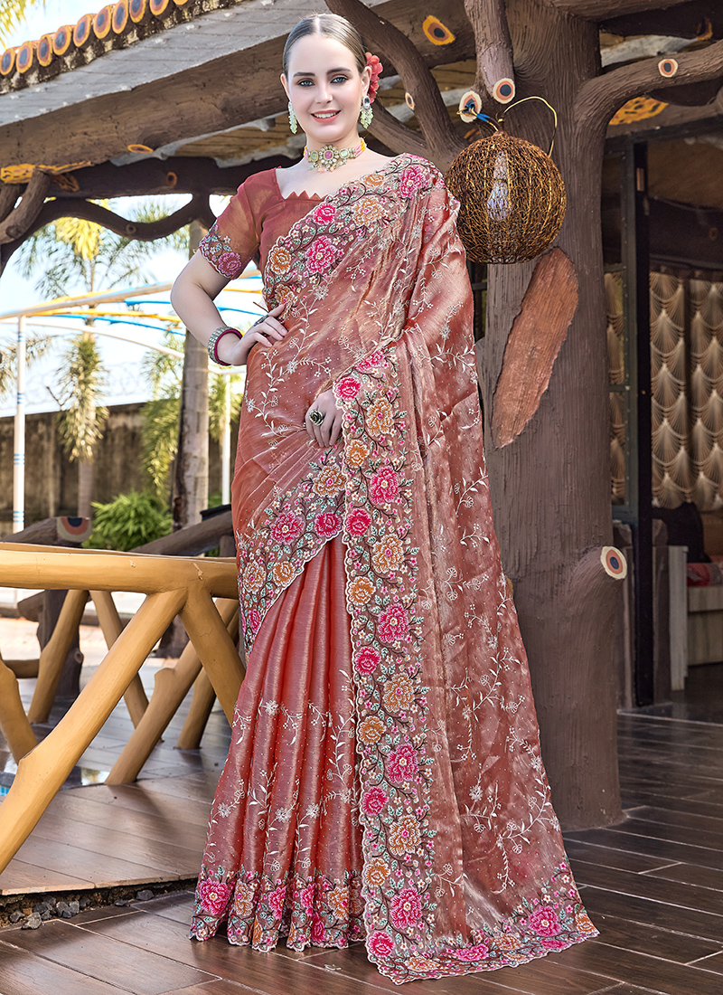 Jimmy Choo Silk Dusty Peach Wedding Wear Embroidery Work Saree